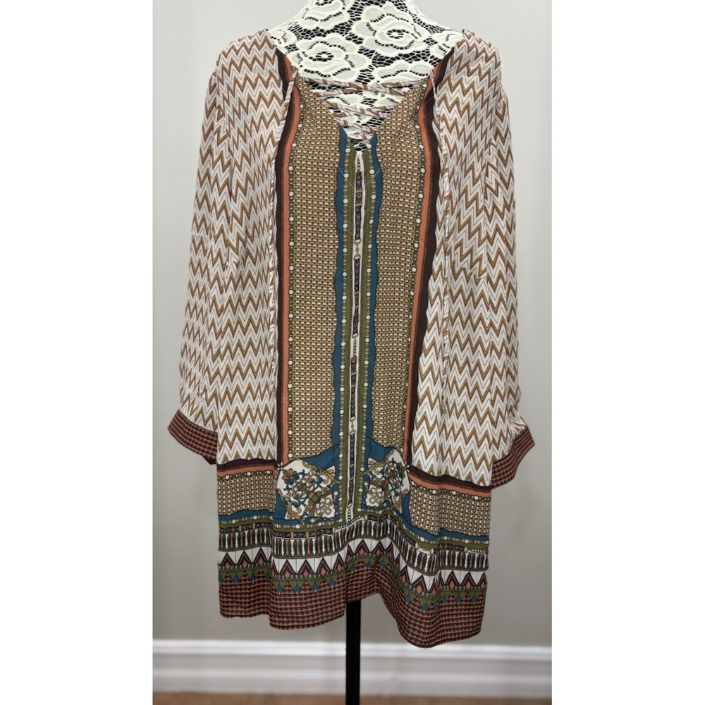 Rose & Olive Women's 1X Sheer Popover Blouse V Neck Aztec Boho Office Brown Teal